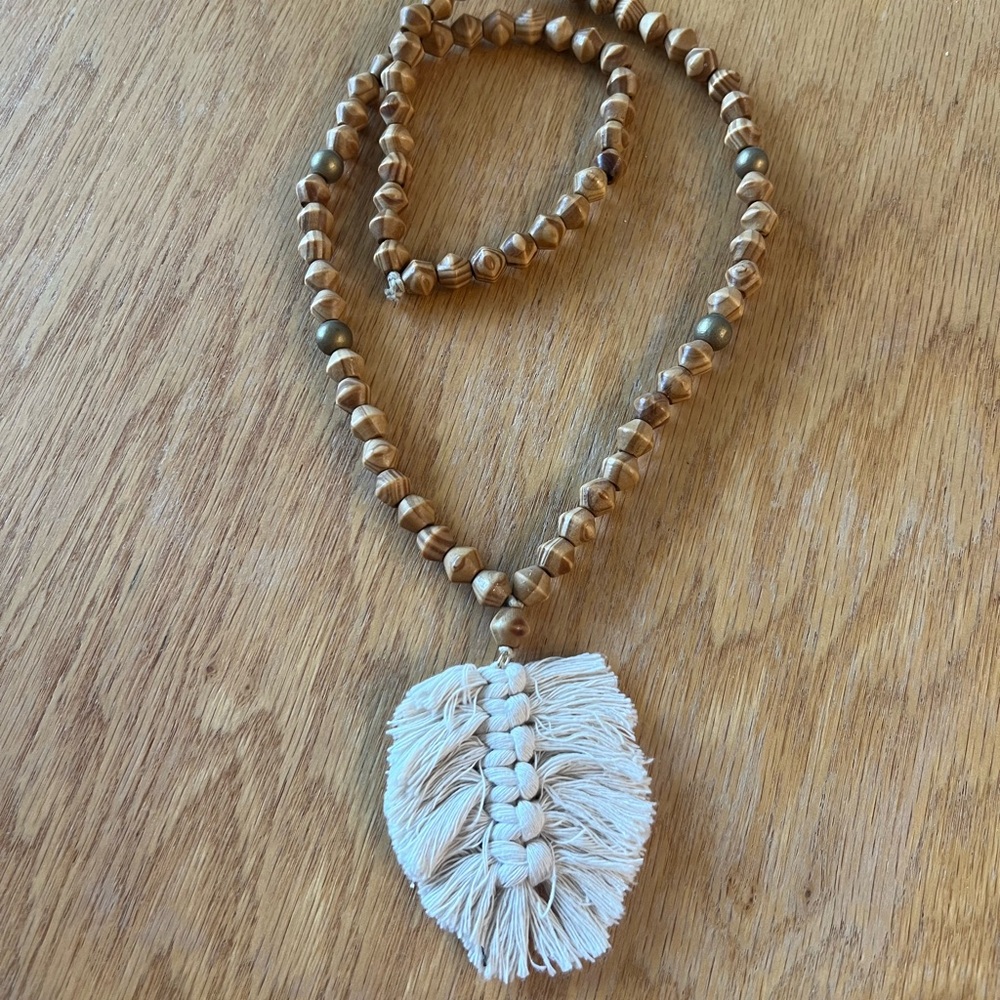 Cream and Tan Beaded Necklace with Tassel